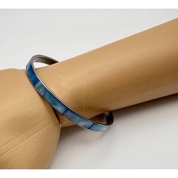 Vintage Blue Mother of Pearl Inlay Bangle Bracelet Silver Tone Beach Boho - Picture 6 of 6